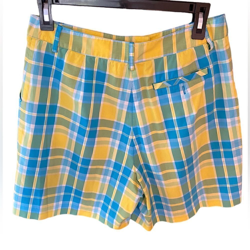 Lilly Pulitzer Sz 8 Yellow Turquoise Plaid Vintage Preppy Side Pocket Shorts - Picture 2 of 5